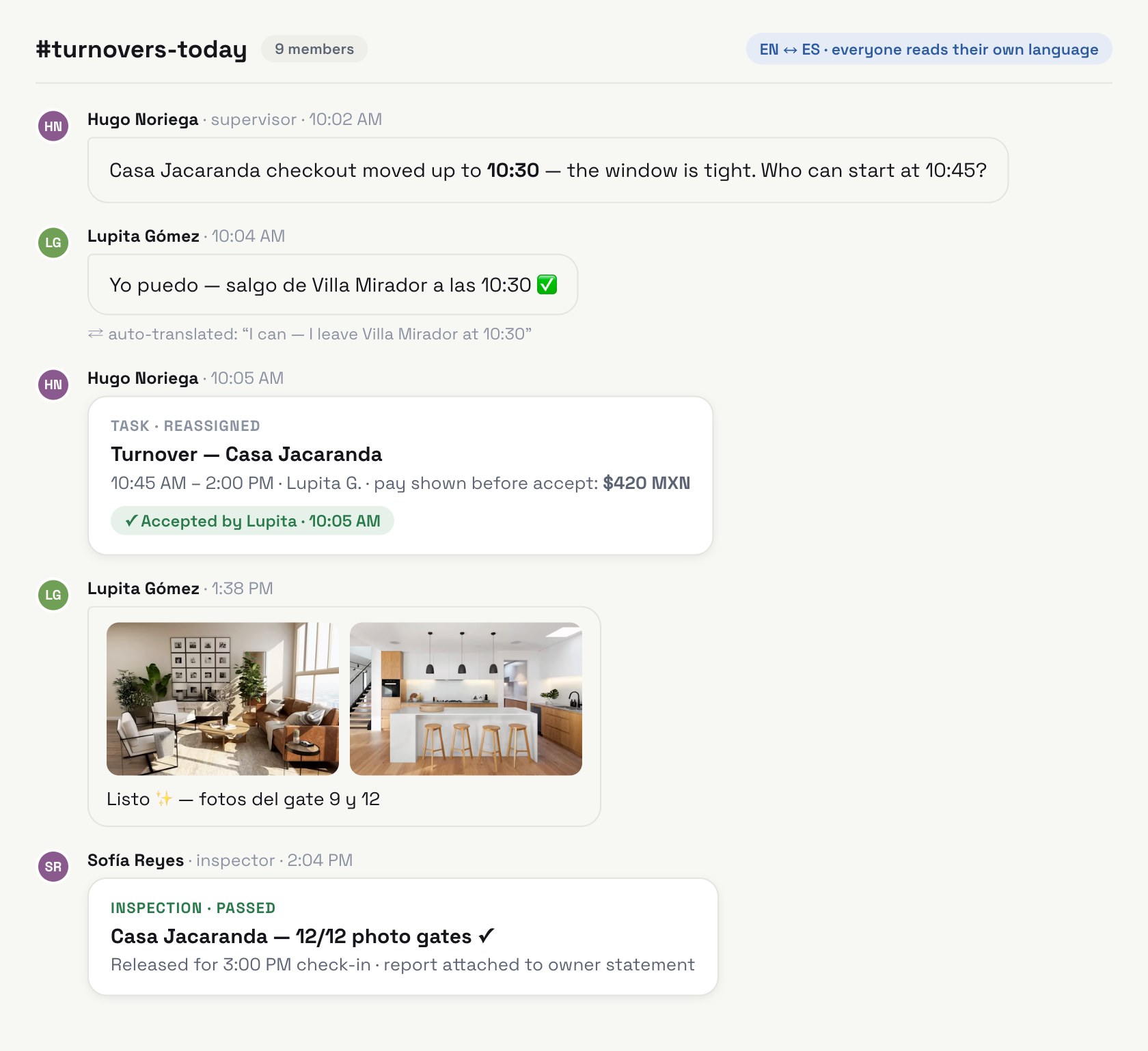 Team chat where the supervisor writes in English, the cleaner answers in Spanish with auto-translation, and the reassigned task card shows pay before acceptance